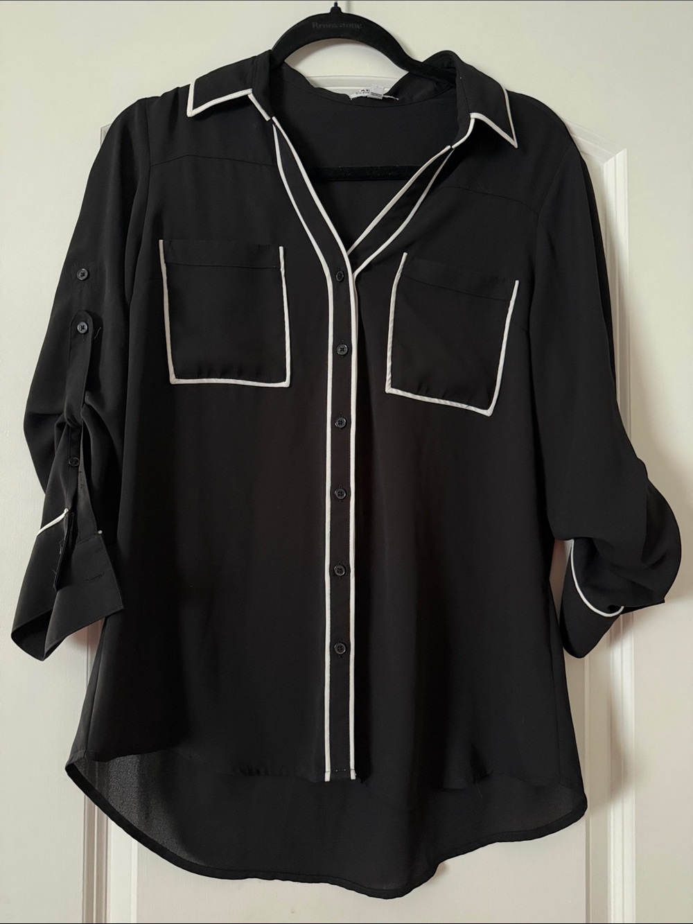 Express Black Button-Down Blouse with White Piping